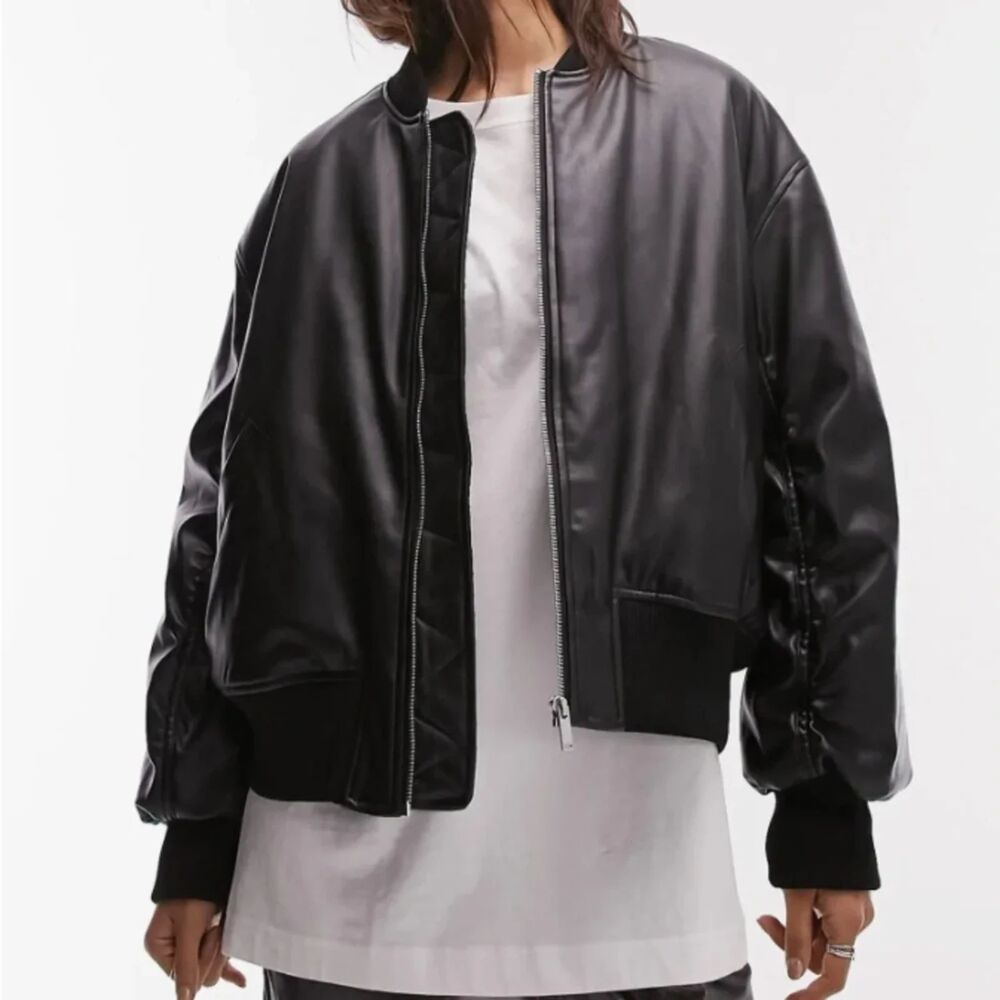 Topshop Faux Leather Bomber Jacket Women's US 2 Black Puffer Lined NWT